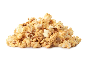 Tuinposter Pile of delicious caramel popcorn on white background © New Africa