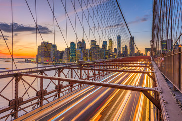 New York City financial district cityscape from the Brooklyn Bridge