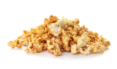 Foto op Plexiglas Pile of delicious caramel popcorn on white background © New Africa
