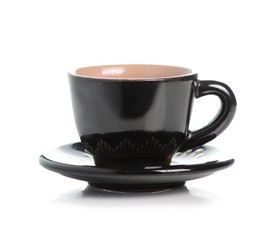 Black coffee cup and saucer on a white background isolation