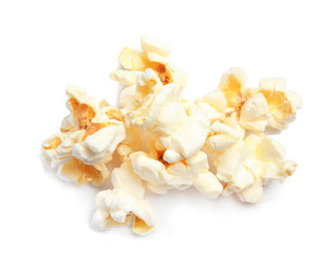 Pile of delicious salty popcorn on white background