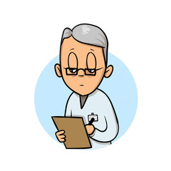 Cartoon elderly doctor taking notes. Colorful flat vector illustration. Isolated on white background.