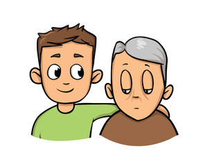 Young man holding senior man. Social worker helping elder grey haired man. Colorful flat vector illustration. Isolated on white background.
