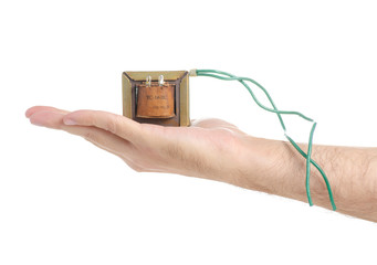 Electrical transformer power in hand on white background isolation