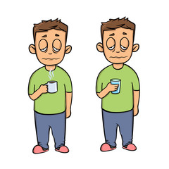 Sick young man with a cup, cartoon character. Set of two figures. Flat design icon. Colorful flat vector illustration. Isolated on white background.