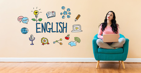 English with young woman using a laptop computer