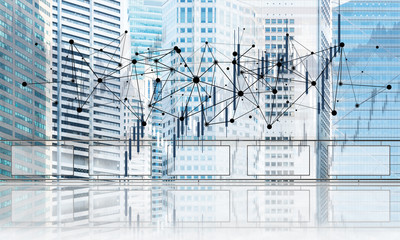 Concept of global communication and networking with world map over cityscape