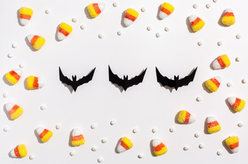 Halloween paper bats overhead view on a solid color