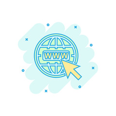 Cartoon colored go to web icon in comic style. Globe world illustration pictogram. WWW url sign splash business concept.