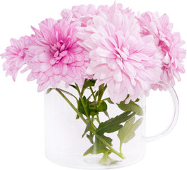 Bouquet Chrysanthemums in a small transparent mug with a handle