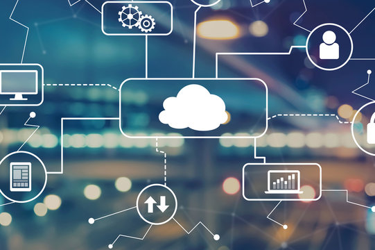 Cloud computing with blurred city abstract lights background