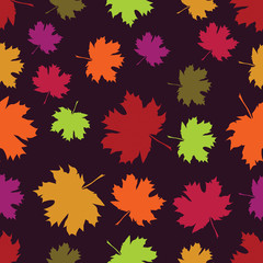 Seamless pattern with autumn maple leaves. Multicolored leaves autumn palette on dark background. Vector illustration