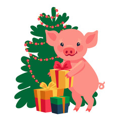 cute little pig puts the gifts under the Christmas tree. Catoon vector illustration