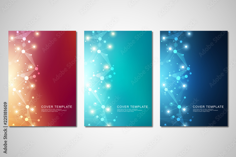 Wall mural vector template for brochure or cover with molecular structure background and connected lines and do