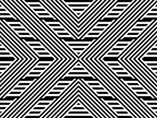 Seamless pattern with striped black white straight lines and diagonal inclined lines (zigzag, chevron). Optical illusion effect, op art. Background for cloth, fabric, textile, tartan.