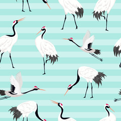 Fototapeta premium Seamless Pattern with Japanese Cranes, Retro Bird Background, Fashion Print, Birthday Japanese Decoration Set. Vector Illustration
