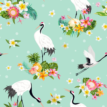 Seamless Pattern with Japanese Cranes and Tropical Flowers, Retro Bird Background, Floral Fashion Print, Birthday Japanese Decoration Set. Vector Illustration