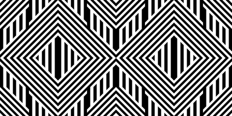 Seamless pattern with striped black white straight lines and diagonal inclined lines (zigzag, chevron). Optical illusion effect, op art. Background for cloth, fabric, textile, tartan.