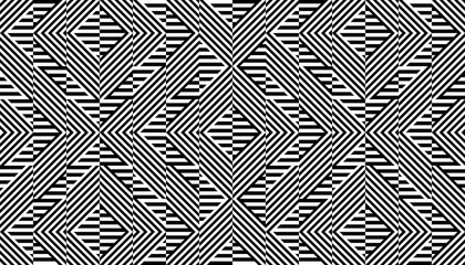 Seamless pattern with striped black white straight lines and diagonal inclined lines (zigzag, chevron). Optical illusion effect, op art. Background for cloth, fabric, textile, tartan.