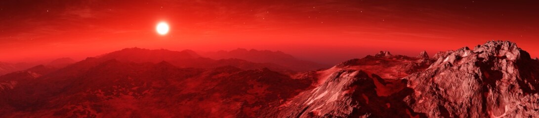 Mars at sunset, sunrise over the surface of an alien planet,   © ustas