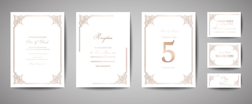 Luxury Vintage Wedding Save the Date, Invitation Cards Collection with Gold Foil Frame and Wreath. Vector trendy cover, graphic poster, retro brochure, design template