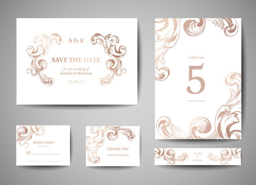 Luxury Vintage Wedding Save the Date, Invitation Cards Collection with Gold Foil Frame and Wreath. Vector trendy cover, graphic poster, retro brochure, design template