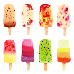 Set of colorful frozen juice popsicles in pink, green, orange colors isolated on white background.