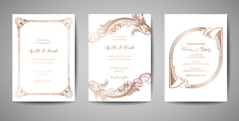 Set of Luxury Vintage Wedding Save the Date, Invitation Cards Collection with Gold Foil Frame and Wreath. Vector trendy cover, graphic poster, retro brochure, design template