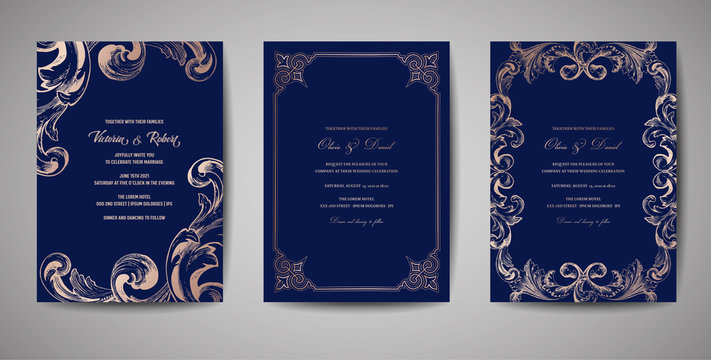 Set of Luxury Vintage Wedding Save the Date, Invitation Navy Cards Collection with Gold Foil Frame and Wreath. Vector trendy cover, graphic poster, retro brochure, design template