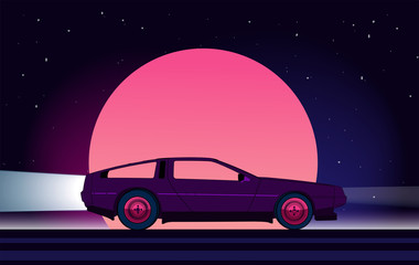 Retro future. 80s style sci-fi background with supercar. Futuristic retro car. Vector retro futuristic synth illustration in 1980s posters style. Suitable for any print design in 80s style