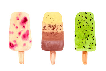 Set of colorful frozen juice popsicles in pink, green, orange colors isolated on white background.