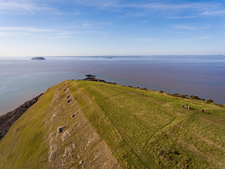 Dramatic Limestone Cliffs of Brean Down, part of the Mendip Hills, in the Late Afternoon Sun in Autumn on the Bristol Channel in Somerset, England, UK