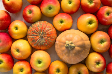 Autumn background with two pumpkins and apples