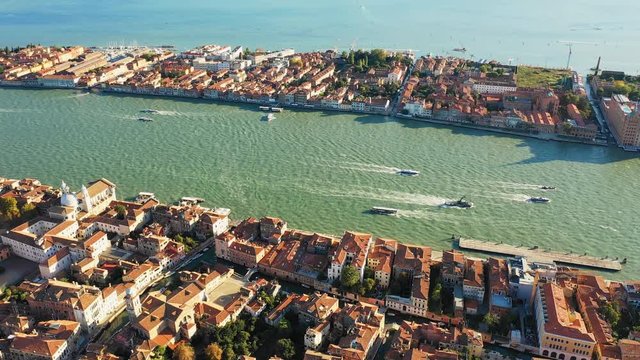 Aerial panoramic view of cityscape of Venice, famous historical "City of Water", blue sky - landscape panorama of Italy from above, Europe, 4k UHD