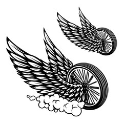 Wheel with wings illustration isolated on white background. Design element for poster, card, banner, sign, emblem, t shirt.