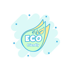 Cartoon colored eco friendly icon in comic style. Green organic leaf illustration pictogram. Ecology sign splash business concept.