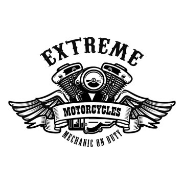 Emblem template with winged motorcycle motor. Design element for poster, logo, label, sign, t shirt.