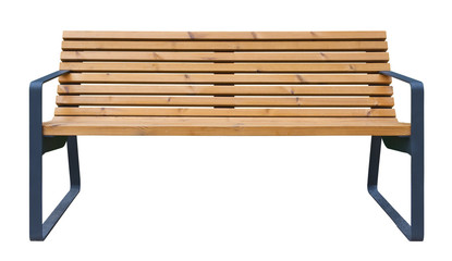 Bench of natural wooden planks with metal legs and armrests isolated on a white background (design...