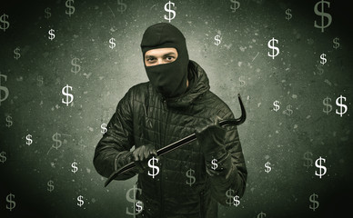 Money hungry thief in black clothes and tolls on his hand.
