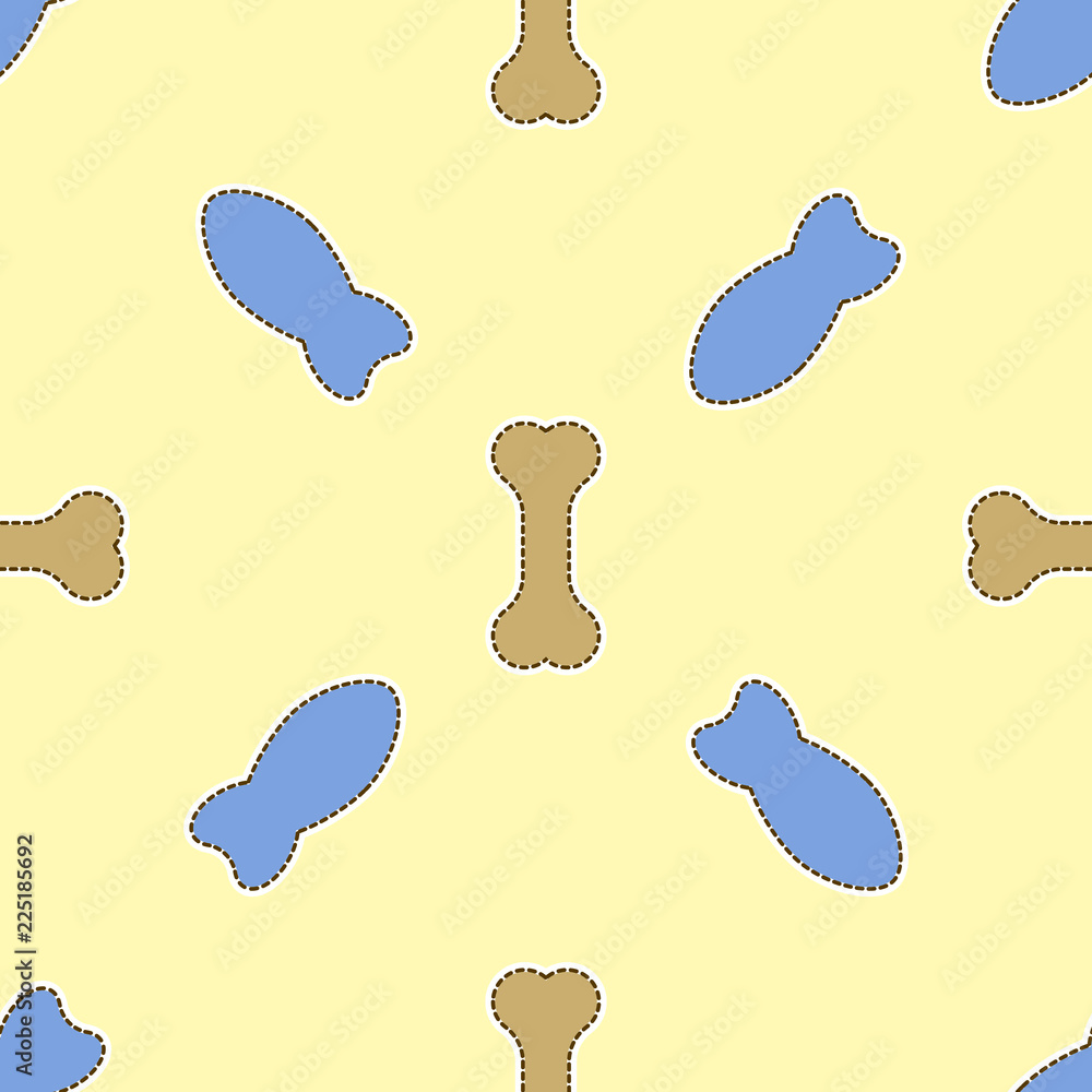 Wall mural seamless pattern with bones and fishes. multicolored vector on a yellow background. it can be cut al
