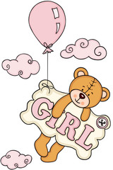 Baby girl teddy bear flying with balloon and a signboard
