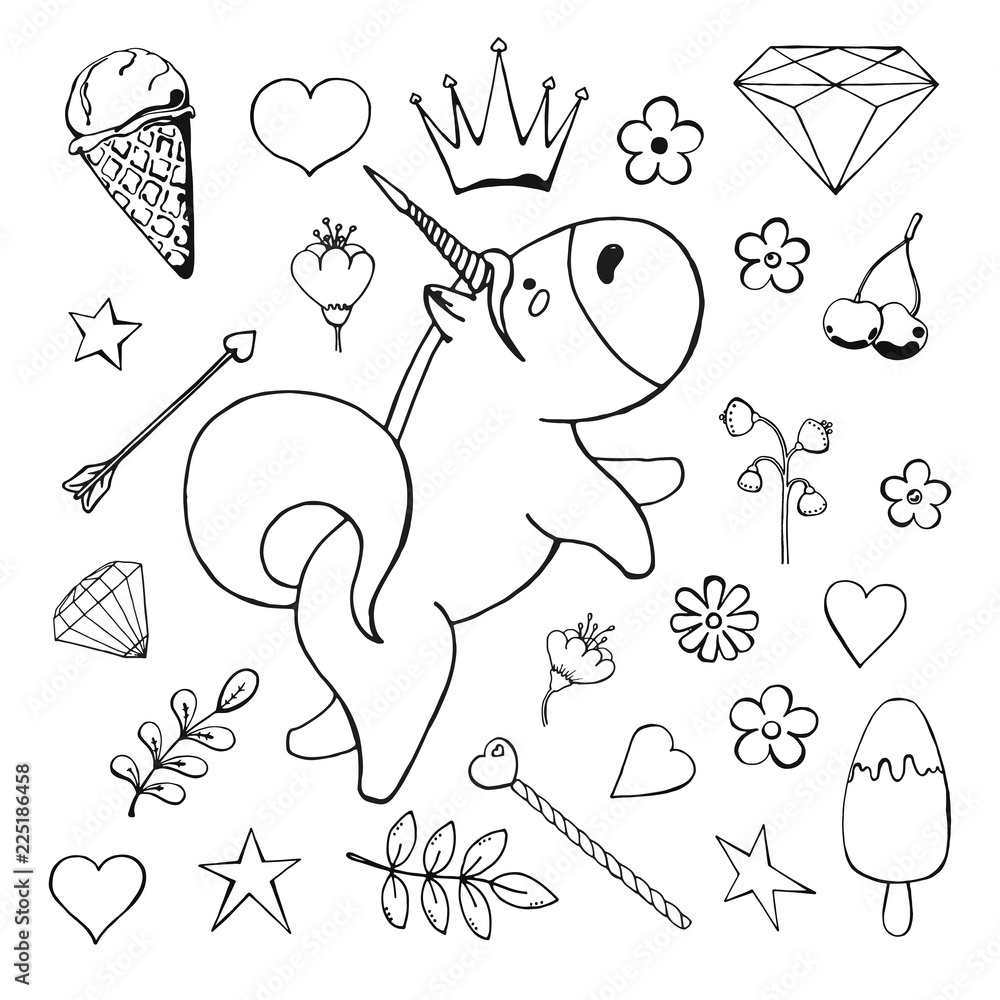 Poster sketch unicorn with various cute objects isolated on white background. vector illustration