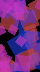 Multicolored translucent squares on dark background. Vertical image orientation. 3D illustration