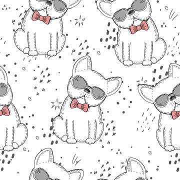 seamless pattern with Black and white vector sketch of a dog. Vector Illustration © iryna_boiko