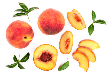 ripe peaches with leaves isolated on white background. Top view. Flat lay pattern
