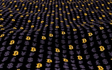 Bitcoin and currency on a dark background. Digital Cryptocurrency symbol. Wave effect, currency market fluctuations. Business concept. 3D illustration