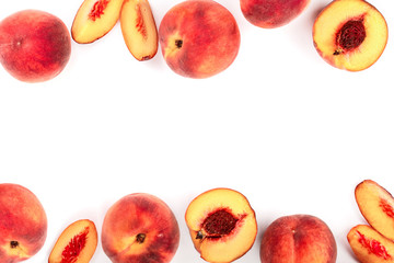 ripe peaches isolated on white background with copy space for your text. Top view. Flat lay pattern