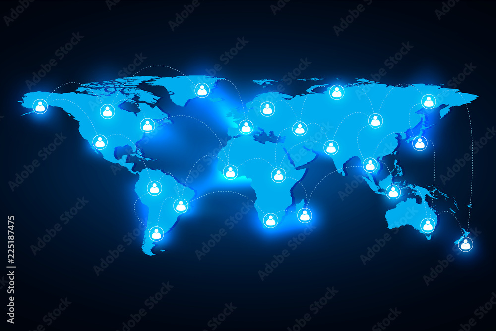 Poster glowing global world map network connection. mesh and line as business, composition concept. vector 
