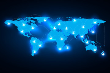 Glowing global world map network connection. mesh and line as business, composition concept. Vector Illustration.
