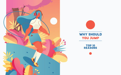 Beautiful young woman jumping with skipping rope. Bright flat workout sport illustration for bunner or poster with place for text. Lovely girl character exercising outdoors.